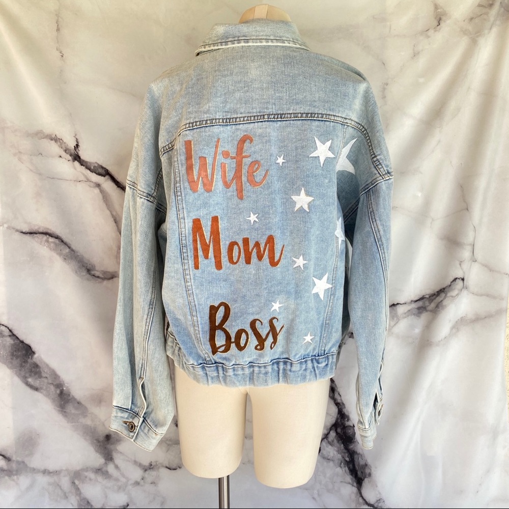 NEW Hand painted wife mom boss denim jean jacket